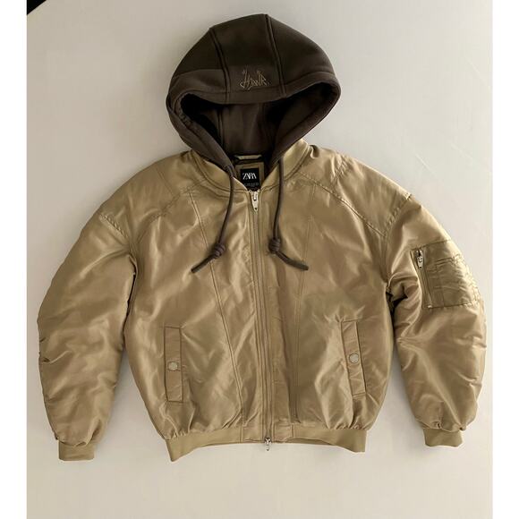 ZARA Khaki Bomber Jacket with Contrast Hood - Picture 1 of 9